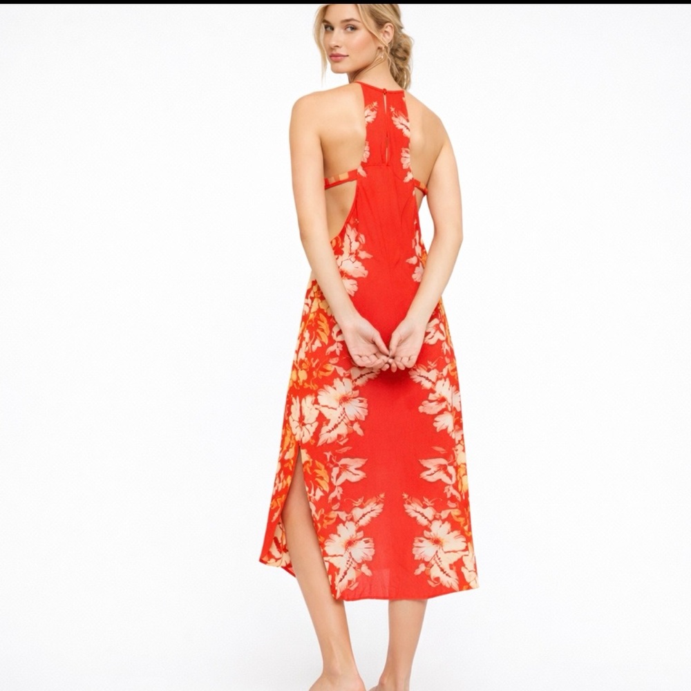 Free People Back 2 You Red Floral Strappy Open Side Midi Slip Dress Boho Sz S🧡